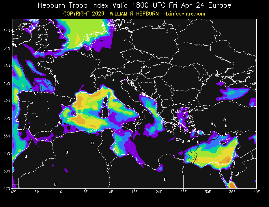 Mappa previsionale di Hepburn del 24 Aprile 2026: intensa propagazione troposferica sul Mar Ligure e Tirreno.